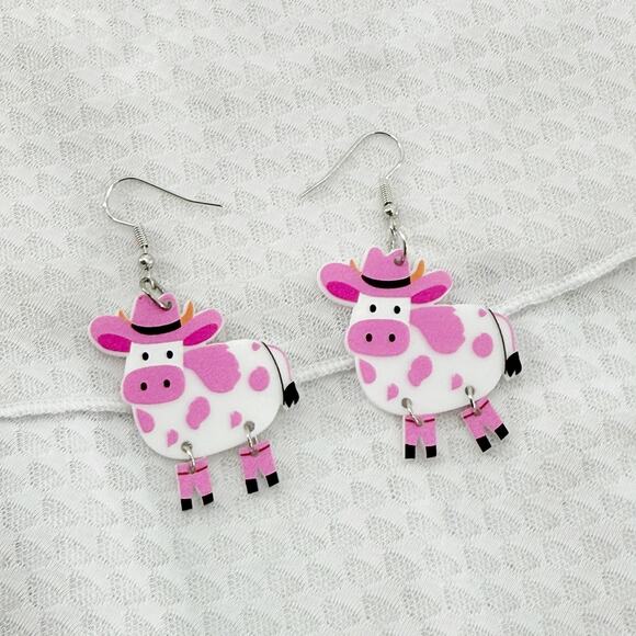 Cowboy Cow Earrings, Pink Cow Earrings, Farm Earrings, Homestead, Farmer Gift - Picture 1 of 4